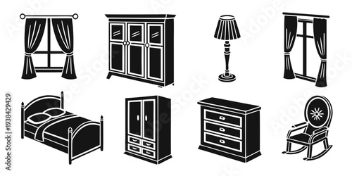 A collection of various types of furniture including beds, cabinets, and lamps. Vector