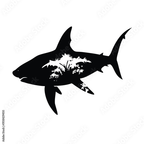 Shark Silhouette Mountain Landscape Double Exposure Vector
