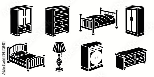 A collection of various types of beds and furniture for a bedroom. Vector
