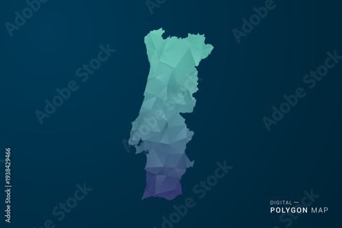 Portugal Map - Polygon Style Vector Illustration with Teal Blue Gradient, Low Poly Geometric Design, Digital and Technology Inspired, Clean Silhouette on Dark Background.