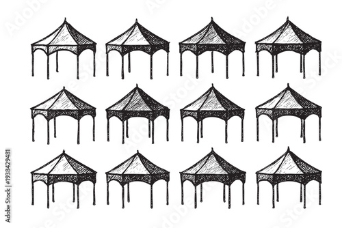 Seamless repeating pattern of hand-drawn black tents on white background. Use for textile design, event planning, or a creative backdrop.