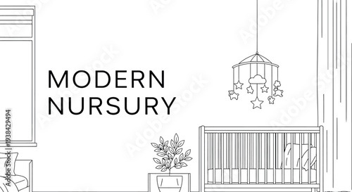 Stylish modern nursery room interior design featuring a crib and hanging mobile.