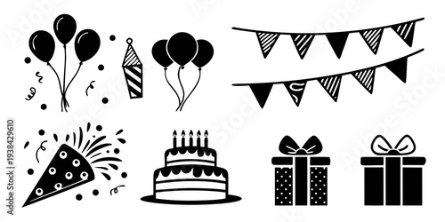 A delightful assortment of party decorations including balloons, bunting, and gifts Vector