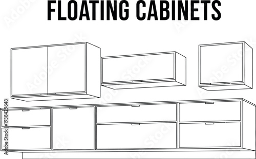Minimalist line drawing showcasing modern floating cabinets for kitchen or living room interiors