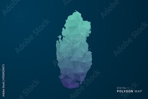Qatar Map - Polygon Style Vector Illustration with Teal Blue Gradient, Low Poly Geometric Design, Digital and Technology Inspired, Clean Silhouette on Dark Background.