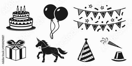 A delightful assortment of birthday party items including cakes, balloons, and a pony Vector