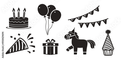 A festive scene with a birthday cake, balloons, and a donkey Vector