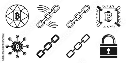 A collection of cryptocurrency and blockchain-related icons and symbols Vector