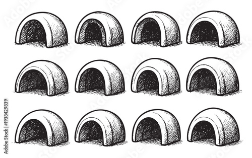 Seamless repeatable pattern design with hand-drawn igloo illustrations. Good for backgrounds or graphic elements in arctic and snow themes.