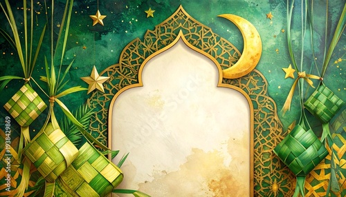 Empty center space for text, decorative border with Ketupat woven palm leaves, Islamic geometric patterns, crescent moon and stars, Eid al-Fitr theme, green and gold colors, festive Islamic background