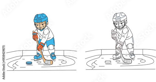 Kids ice hockey player coloring page. Vector illustration of a cute child skating with hockey stick and puck in colored and black outline versions.