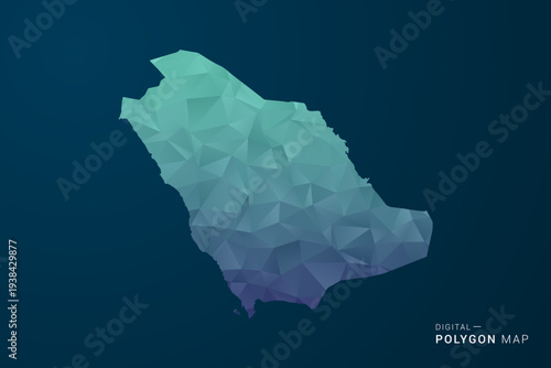 Saudi Arabia Map - Polygon Style Vector Illustration with Teal Blue Gradient, Low Poly Geometric Design, Digital and Technology Inspired, Clean Silhouette on Dark Background.
