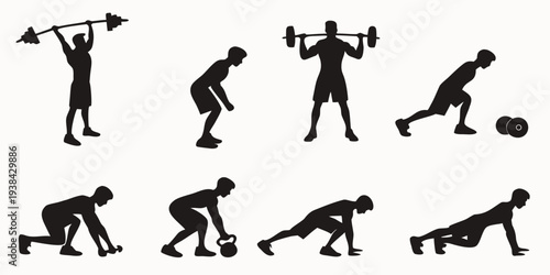 Illustration of a person performing various bodyweight exercises. Vector
