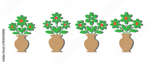 Green potted flowers with orange centers in brown vases, isolated on white background, clean vector illustration, simple design.