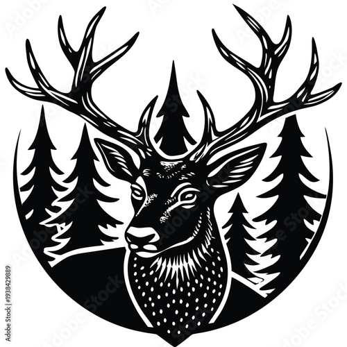 Deer Head Forest Double Exposure T-shirt Design Tattoo Vector