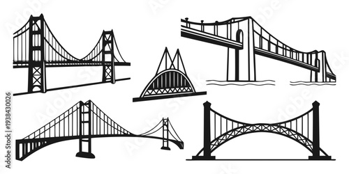A collection of various bridge designs showcasing their unique structural elements and aesthetics. Vector