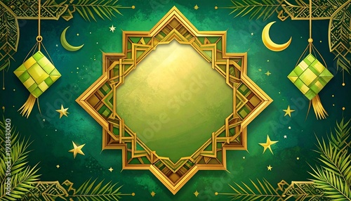 Empty center space for text, decorative border with Ketupat woven palm leaves, Islamic geometric patterns, crescent moon and stars, Eid al-Fitr theme, green and gold colors, festive Islamic background