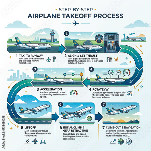 A detailed infographic illustrating the 7 steps of an airplane's takeoff sequence. Includes taxi, acceleration, liftoff, and initial climb. Vector illustration