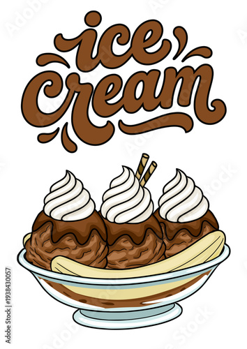 Yummy vector ice cream sundae dessert poster illustration