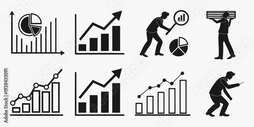 Eight icons representing business growth, analysis, and market trends Vector