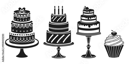 Assorted cakes and cupcakes displayed on a table with candles Vector