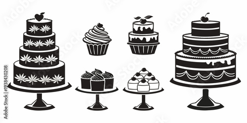 Assorted cakes and cupcakes displayed on a table with a vintage theme Vector
