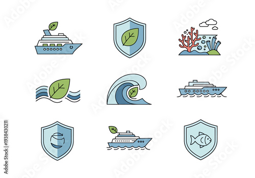 Collection of eco friendly marine conservation icons representing ships sea life and ocean protection concepts for environmental awareness and