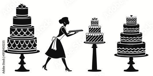 A woman in a chef outfit admiring three-tiered cakes on pedestals Vector