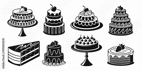 Assorted cakes and desserts illustrated in black and white Vector