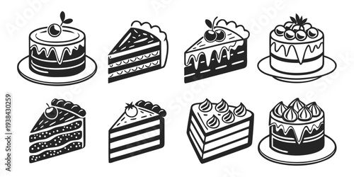 Assorted cakes and pastries displayed in a variety of styles and designs Vector