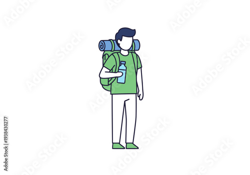 Person ready for adventure holding water bottle with backpack and sleeping pad for outdoor journey concept