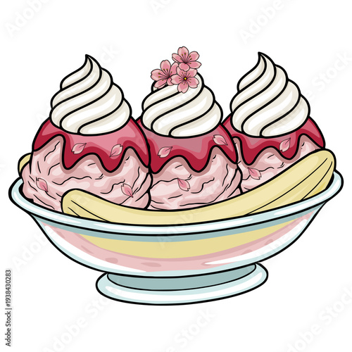 Delightful vector illustration of a strawberry banana split ice cream sundae with cherry syrup and delicate pink blossoms.