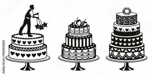 Three elegant cakes with different designs and decorations on display. Vector