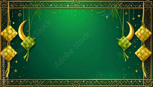Empty center space for text, decorative border with Ketupat woven palm leaves, Islamic geometric patterns, crescent moon and stars, Eid al-Fitr theme, green and gold colors, festive Islamic background