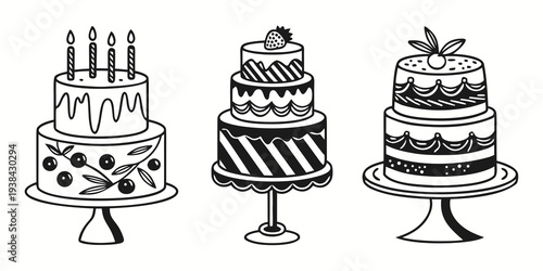 Assorted cakes on stands, showcasing various flavors and decorations. Vector