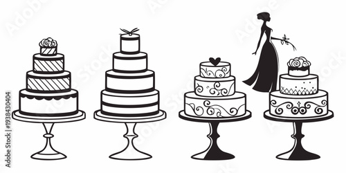 Assorted wedding cakes displayed on cake stands Vector