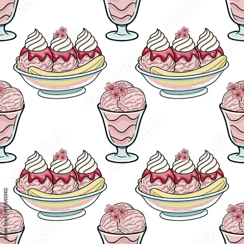 Seamless vector pattern of delicious pink ice cream sundaes and banana splits with cherry blossoms