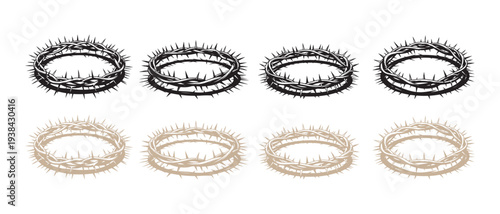 Collection of Thorn Crowns. Black and White/Sepia Tones, Illustrative Symbols of Suffering, Sacrifice, Royalty, and Faith.