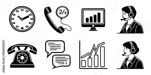 Icons representing various aspects of business and communication in a modern office setting Vector