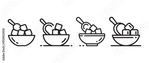 Sugar Cubes in Bowls with Scoops Icons Set, Sweetener and Baking Ingredients, Minimalist Line Art Collection.