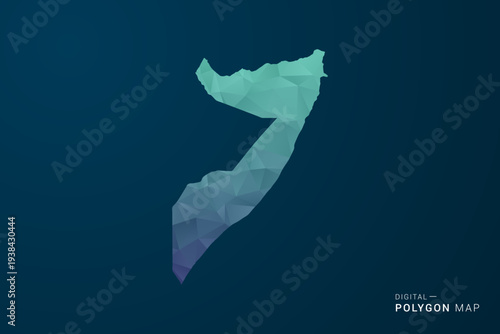 Somalia Map - Polygon Style Vector Illustration with Teal Blue Gradient, Low Poly Geometric Design, Digital and Technology Inspired, Clean Silhouette on Dark Background.