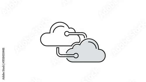 Two gray and white clouds connected by directional arrows representing cloud computing, data sync, and online file sharing services.