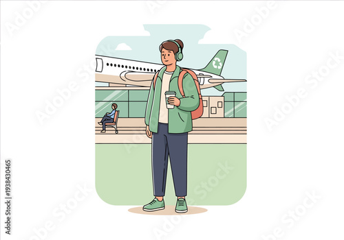 Young man wearing headphones holding coffee cup standing at airport terminal with airplane behind him