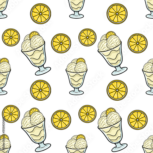 Seamless vector pattern of creamy vanilla ice cream sundaes and bright lemon slices, perfect for summer food themes.