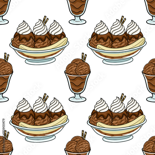 Seamless vector pattern of delicious chocolate ice cream sundaes and banana splits with whipped cream and wafer sticks