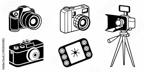 A collection of vintage and modern cameras showcasing the evolution of photography equipment Vector