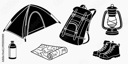 Essential camping gear laid out on the ground ready for an outdoor adventure Vector