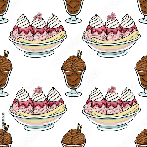 Seamless vector pattern of delicious ice cream sundaes and chocolate ice cream cups, perfect for dessert themes.