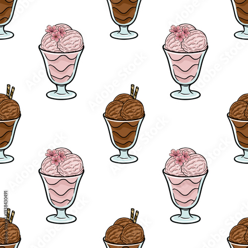 Seamless pattern vector illustration of delicious ice cream sundaes with strawberry and chocolate flavors, garnished with delicate pink flowers and crispy wafers.