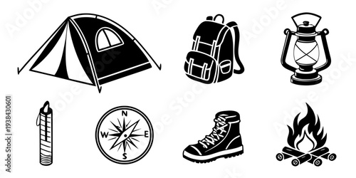 Illustrations of camping equipment including a tent, backpack, lantern, and hiking boots Vector